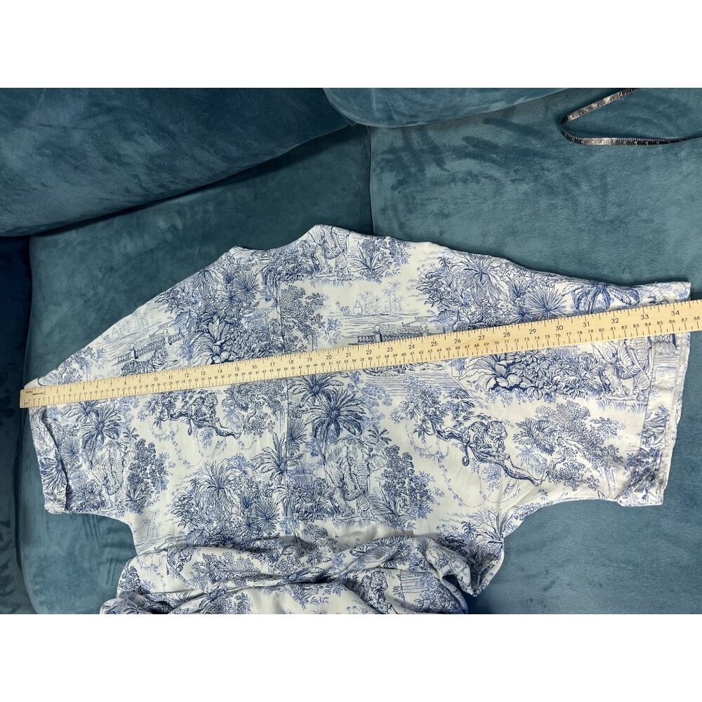 H&M Blue White Scenic Print Maxi Dress Women 0 Belted V-Neck Boho Summer - Picture 9 of 10